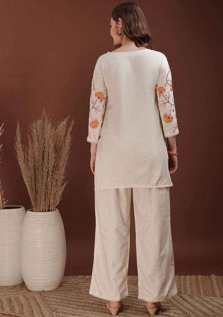 cream Zari Work shimmer Kurta Set - Indya