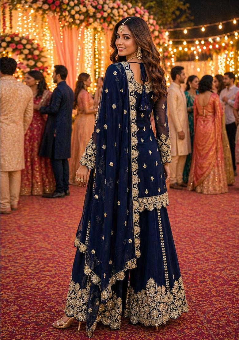 navy blue Zari Work georgette Kurta Set - Indya