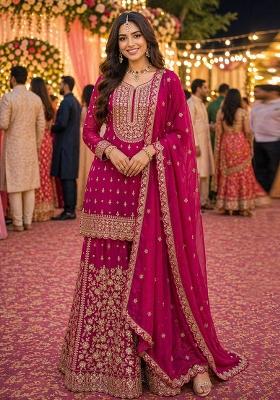 rani pink Zari Work georgette Kurta Set
