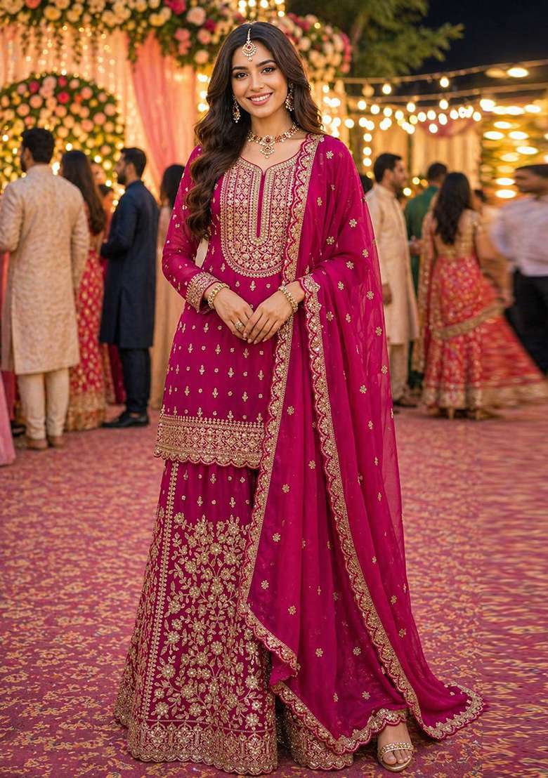 Rani Pink Embroidered Georgette Sharara Set - Indya