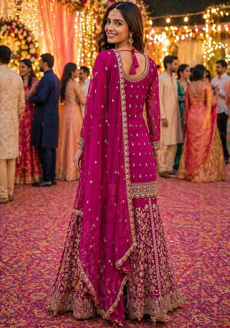 Rani Pink Embroidered Georgette Sharara Set - Indya