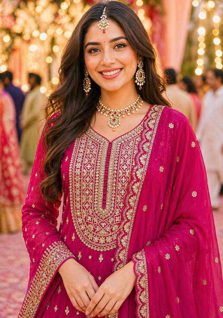 Rani Pink Embroidered Georgette Sharara Set - Indya