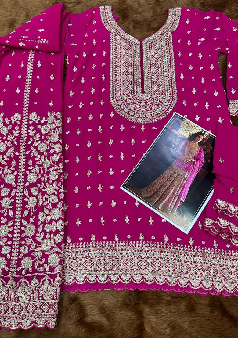 Rani Pink Embroidered Georgette Sharara Set - Indya