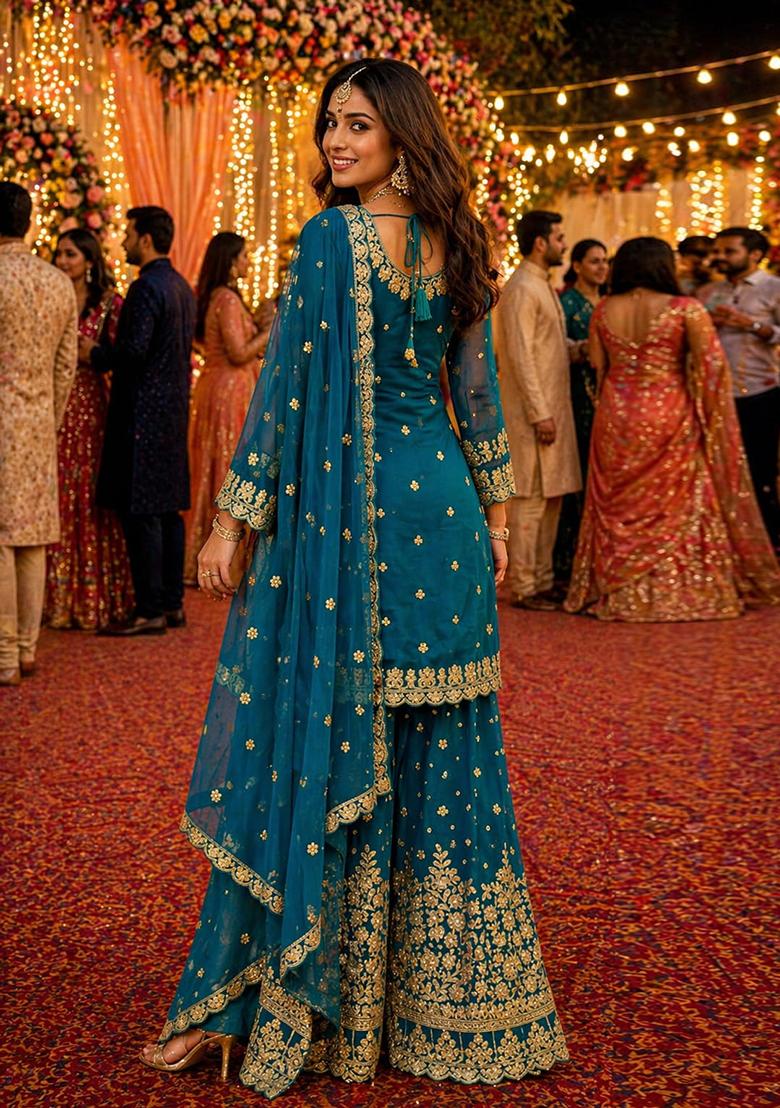 Teal Blue Zari Work georgette Kurta Set - Indya