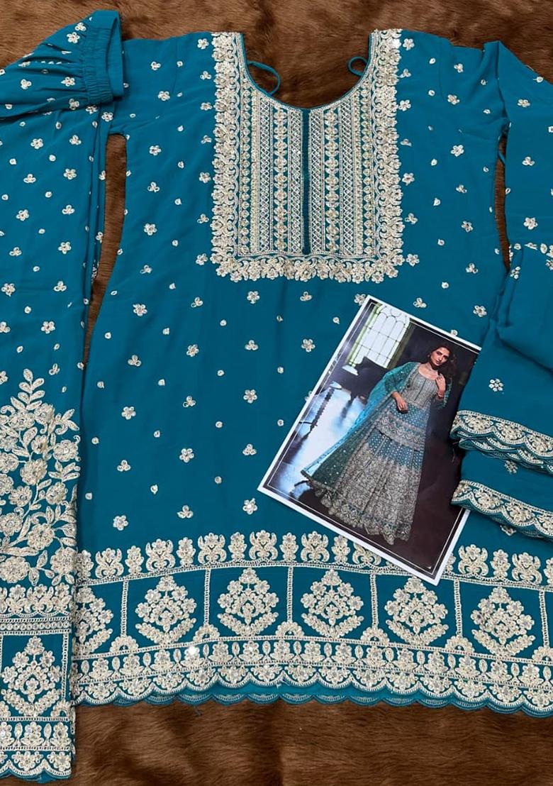 Teal Blue Zari Work georgette Kurta Set - Indya