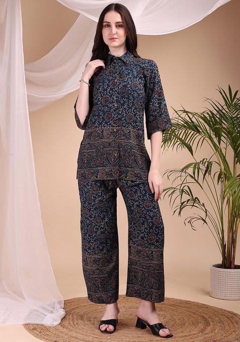 Navy Blue Printed Viscose Rayon Kurta Set