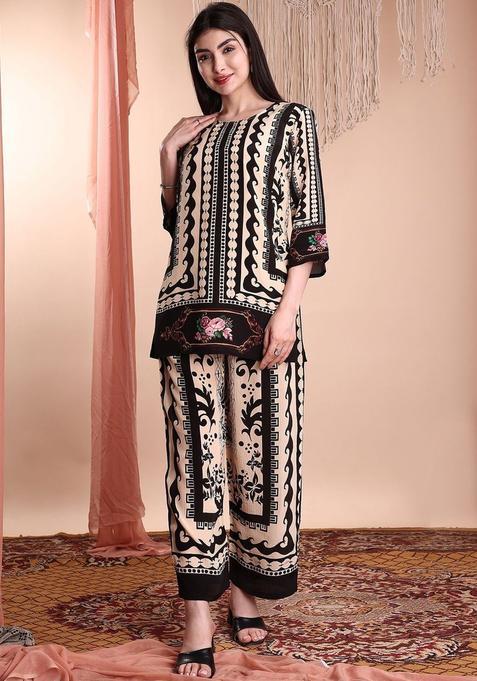 Beige Printed Silk Blend Kurta Set