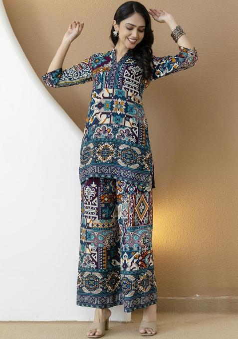 Teal Printed Viscose Rayon Kurta Set