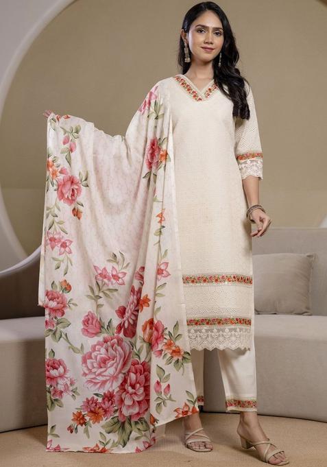 Off White Embroidered Cotton Kurta Set