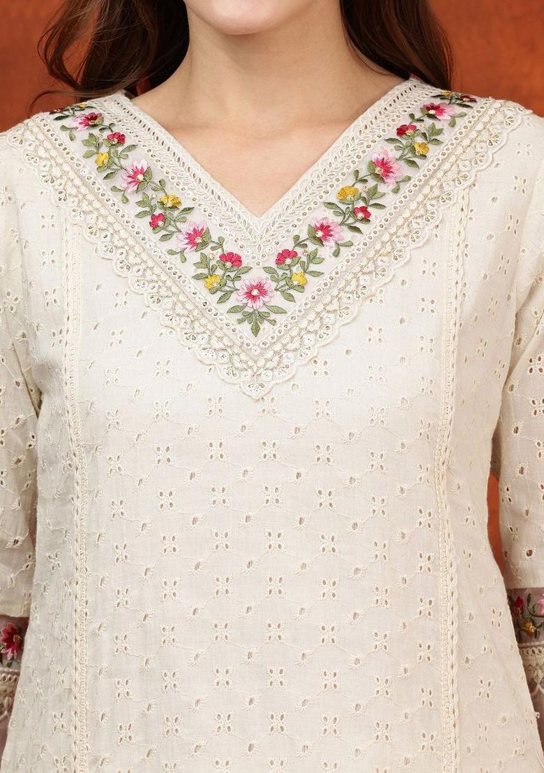 Cream Embroidered Cotton Kurta Set - Indya