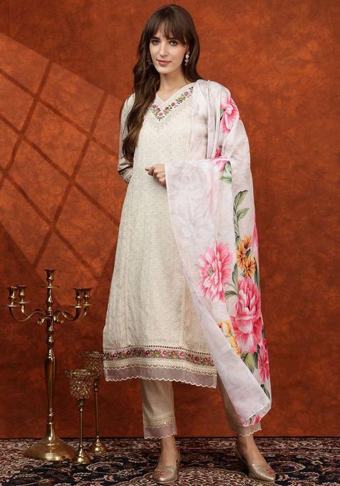 Cream Embroidered Cotton Kurta Set