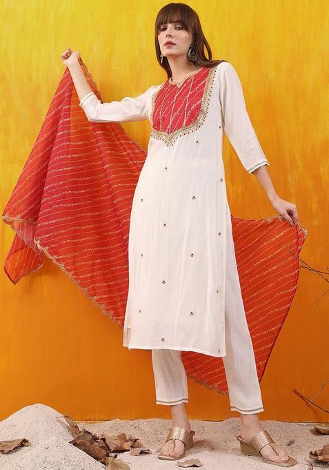 White Embroidered Cotton Blend Kurta Set