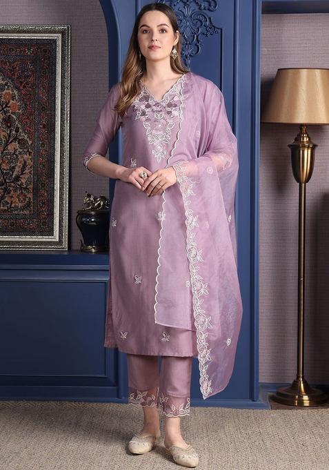 Lavender Embroidered Chinon Kurta Set