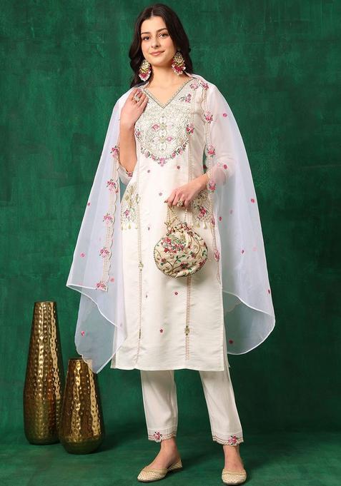 White Embroidered Cotton Blend Kurta Set
