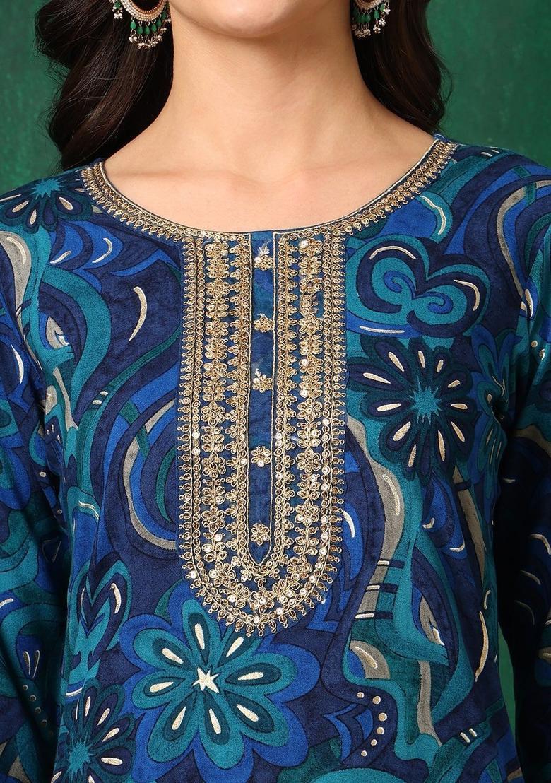 Blue Printed Viscose Rayon Kurta Set - Indya