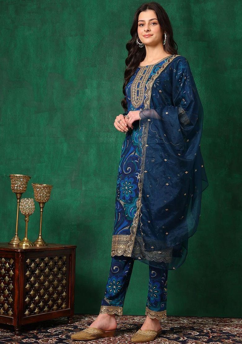 Blue Printed Viscose Rayon Kurta Set - Indya
