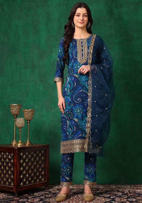 Blue Printed Viscose Rayon Kurta Set