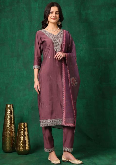 Lavender Embroidered Cotton Blend Kurta Set