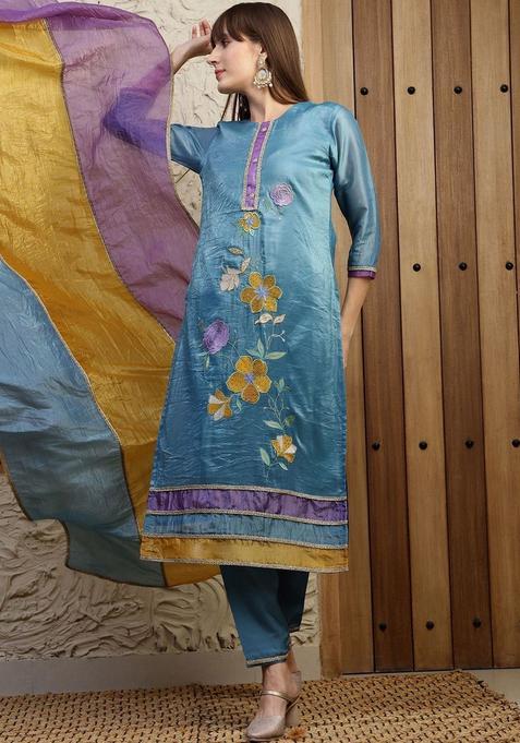 Blue Solid Silk Blend Kurta Set