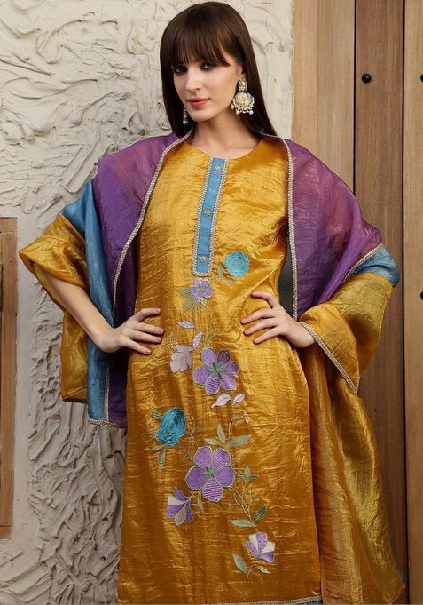 Yellow Solid Silk Blend Kurta Set