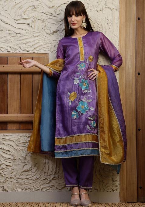 Purple Solid Silk Blend Kurta Set