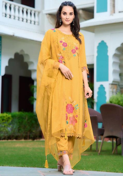 Yellow Embroidered Viscose Rayon Kurta Set