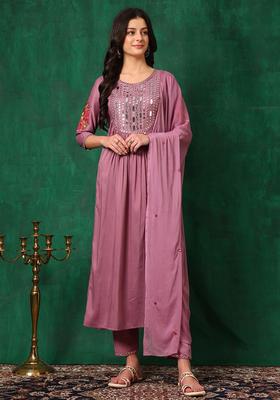 Lavender Solid Silk Blend Kurta Set