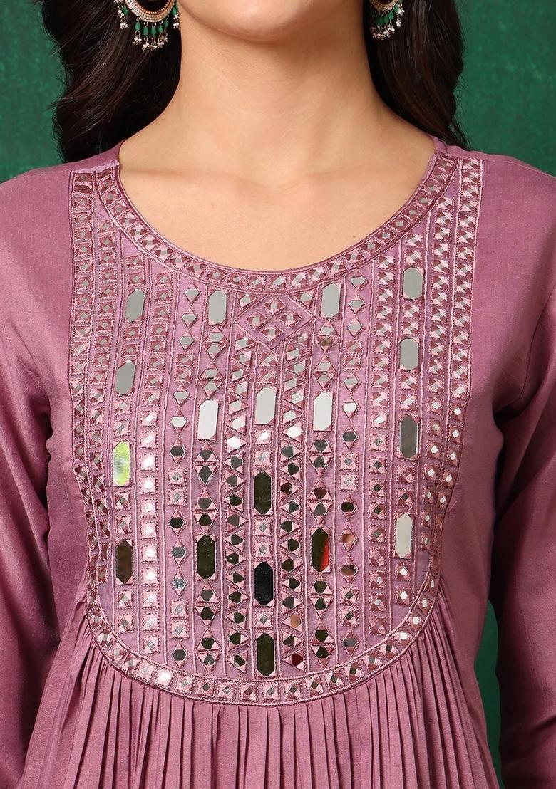 Lavender Solid Silk Blend Kurta Set - Indya