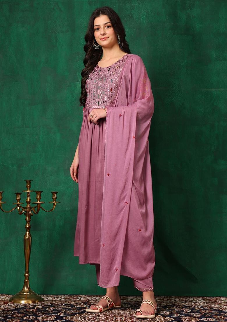 Lavender Solid Silk Blend Kurta Set - Indya
