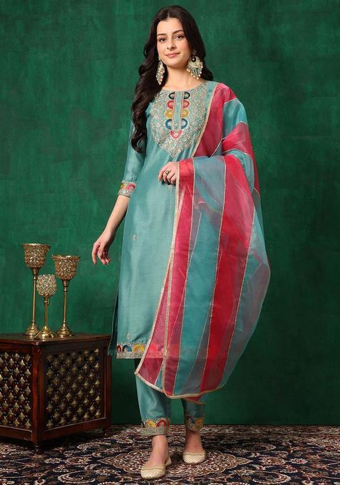 Turquoise Blue Solid Chinon Kurta Set