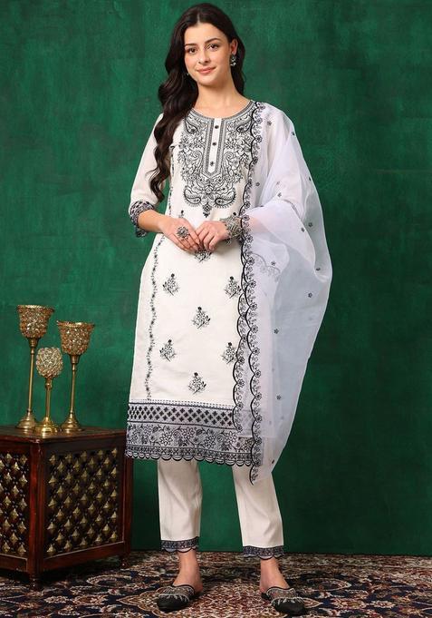 White Embroidered Cotton Blend Kurta Set