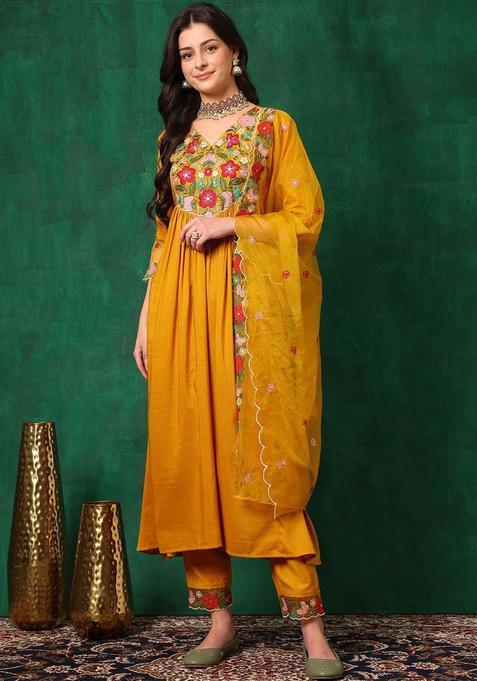 Mustard Embroidered Chinon Kurta Set