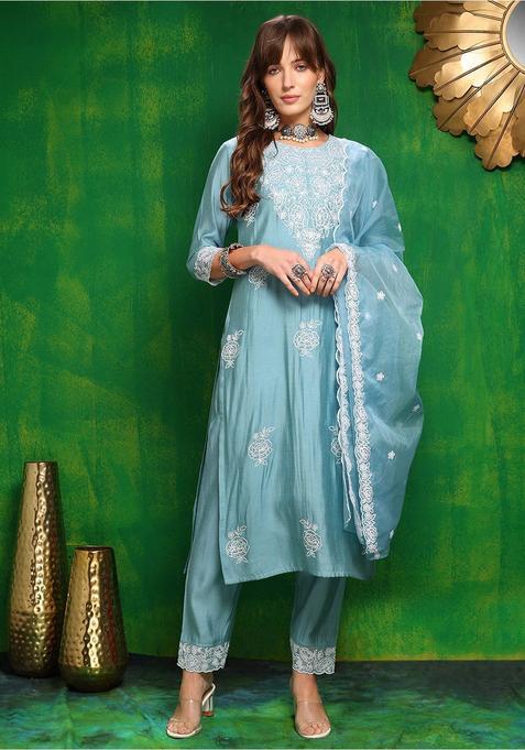 Blue Embroidered Cotton Blend Kurta Set