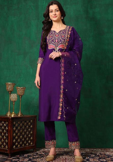 Purple Solid Cotton Blend Kurta Set