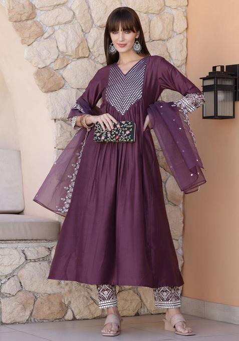 Purple Embroidered Silk Kurta Set