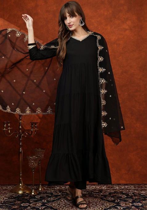 Black Solid Viscose Rayon Kurta Set
