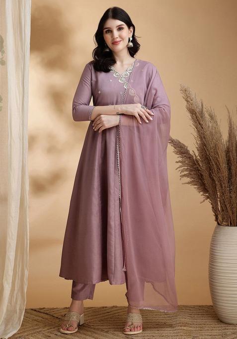 Lavender Solid Chinon Kurta Set