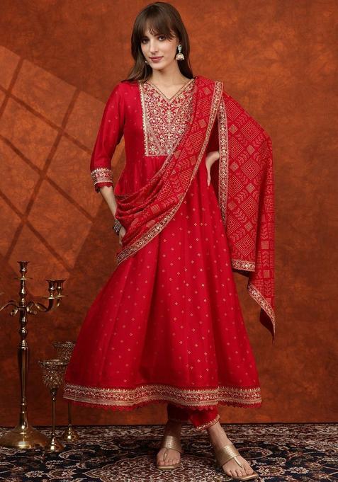 Red Solid Silk Kurta Set