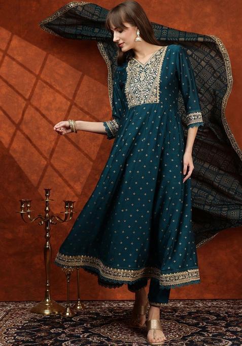 Teal Solid Silk Kurta Set