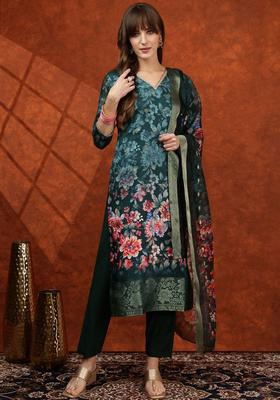 Teal Solid Cotton Blend Kurta Set