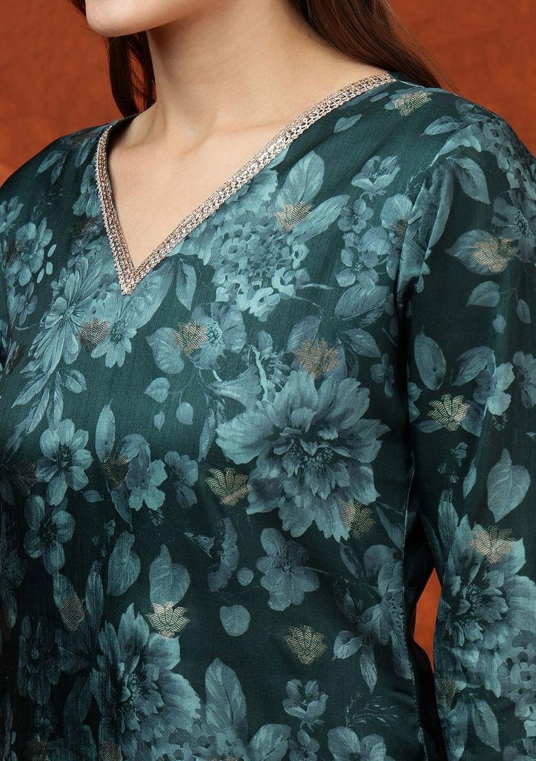 Teal Solid Cotton Blend Kurta Set - Indya