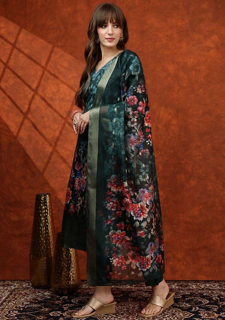 Teal Solid Cotton Blend Kurta Set - Indya