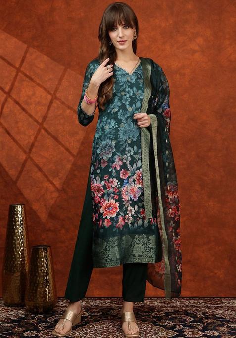 Teal Solid Cotton Blend Kurta Set