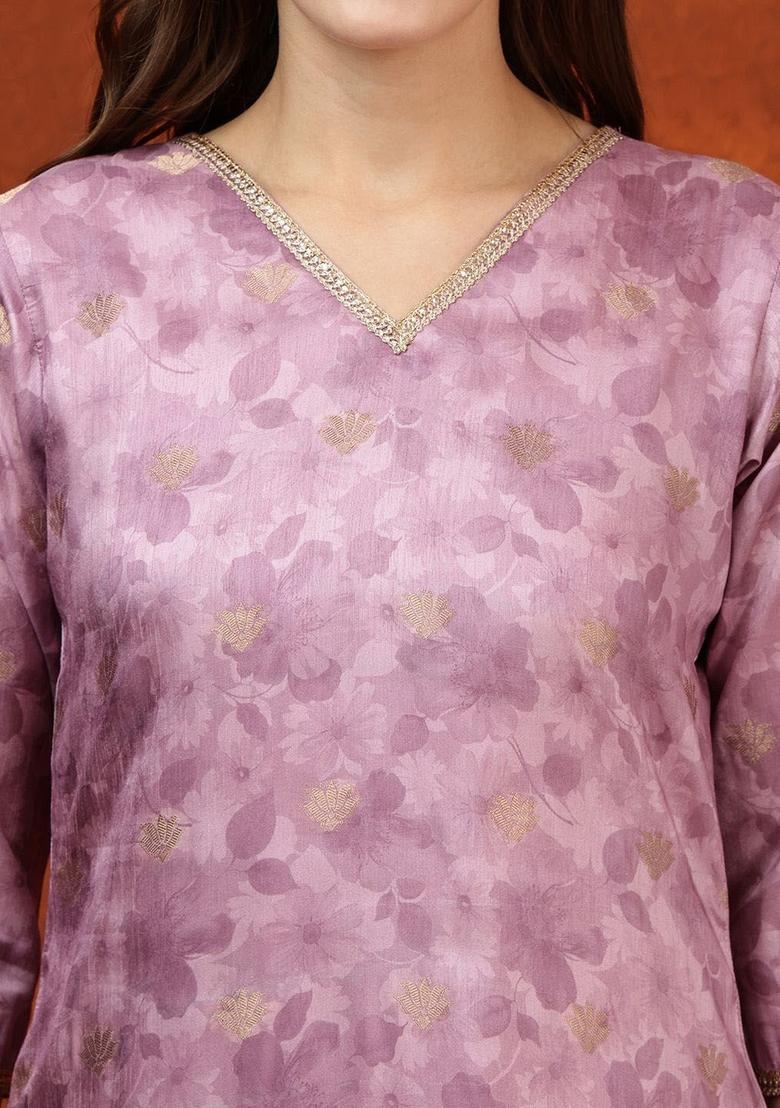 Lavender Solid Cotton Blend Kurta Set - Indya