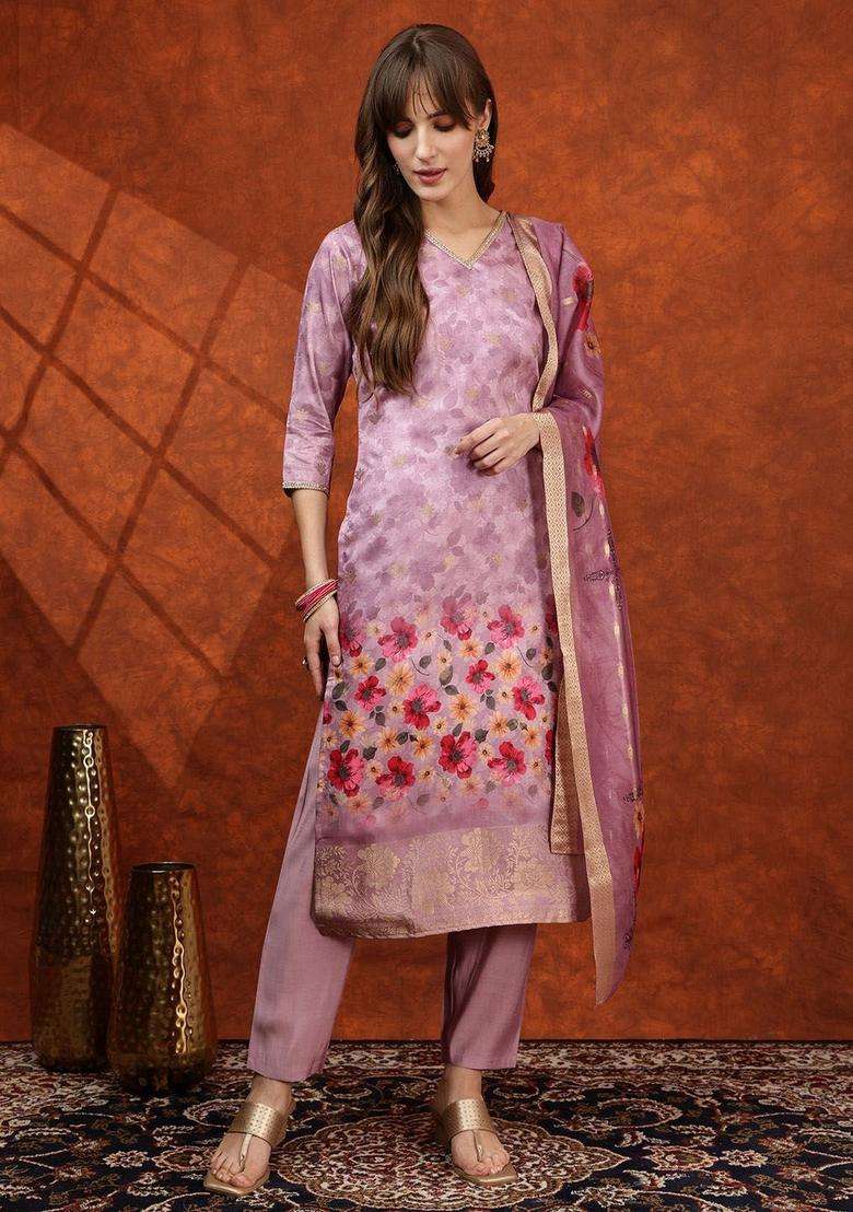 Lavender Solid Cotton Blend Kurta Set - Indya