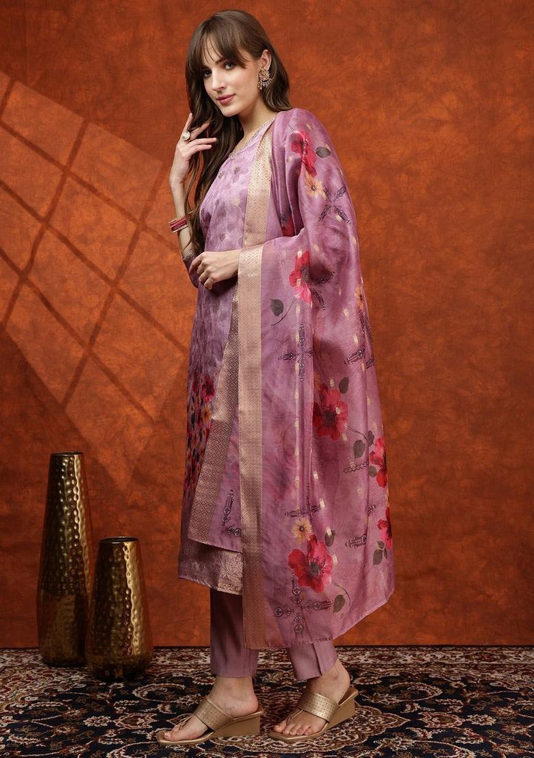 Lavender Solid Cotton Blend Kurta Set - Indya