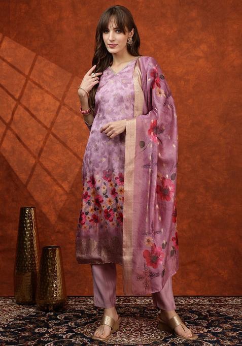 Lavender Solid Cotton Blend Kurta Set