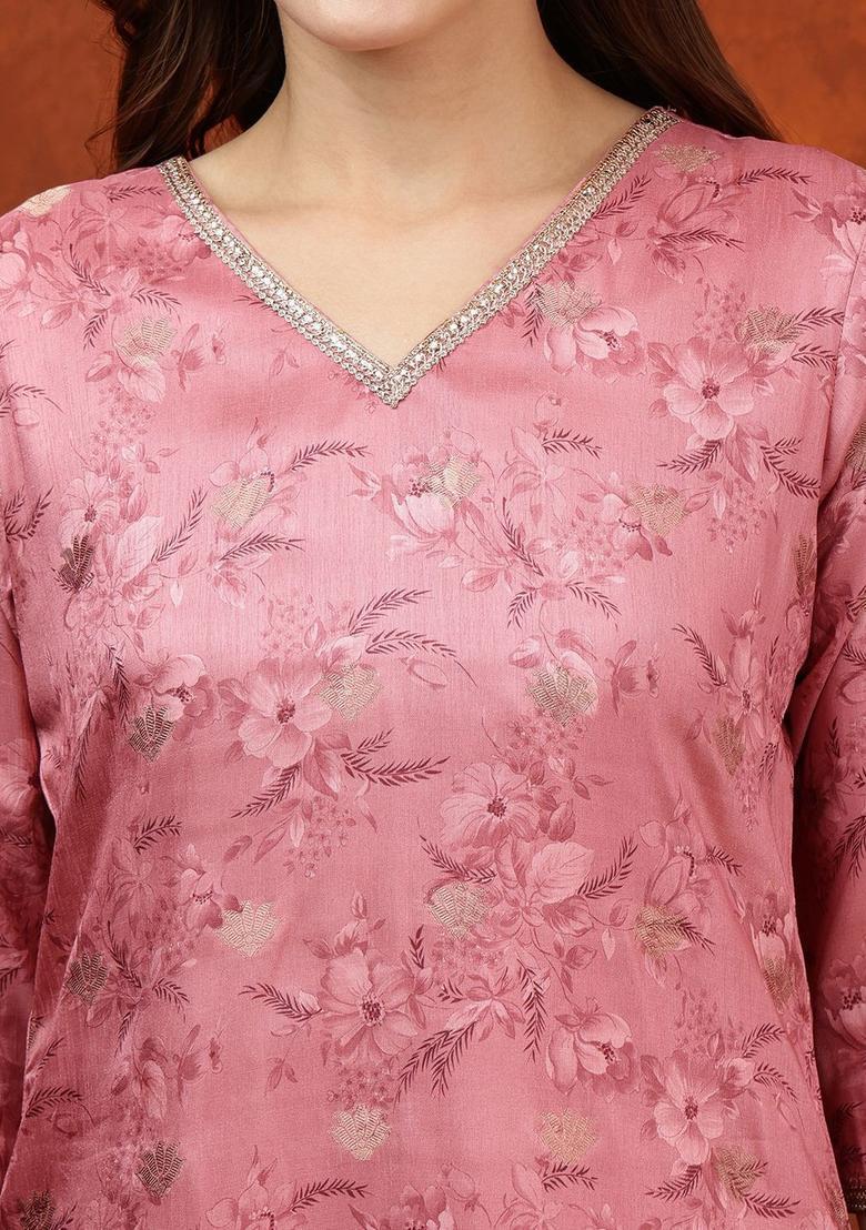 Pink Solid Cotton Blend Kurta Set - Indya