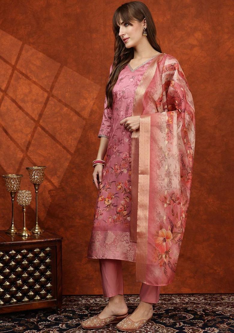 Pink Solid Cotton Blend Kurta Set - Indya