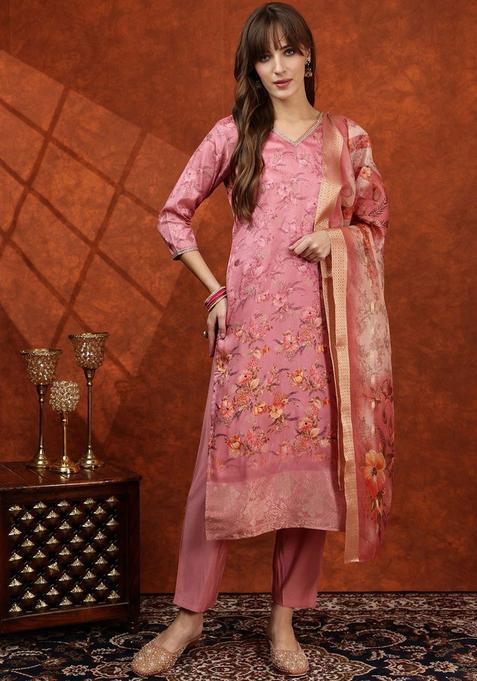 Pink Solid Cotton Blend Kurta Set